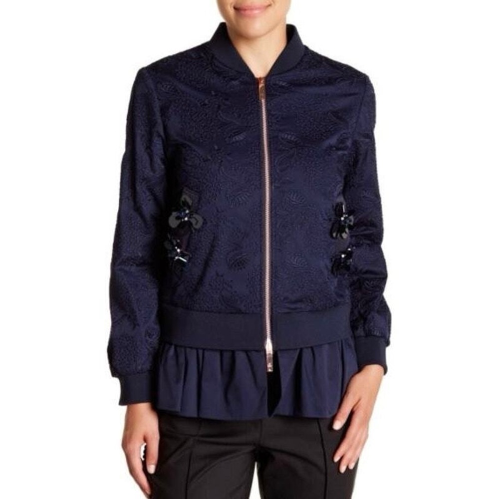 Ted Baker Embellished Floral Frill Bomber Jacket Embroidered Blue Size 2